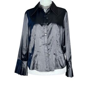 VINTAGE BENTLEY A. Black Satin Collared Button Up Blouse Pleated Cuffs SZ 12